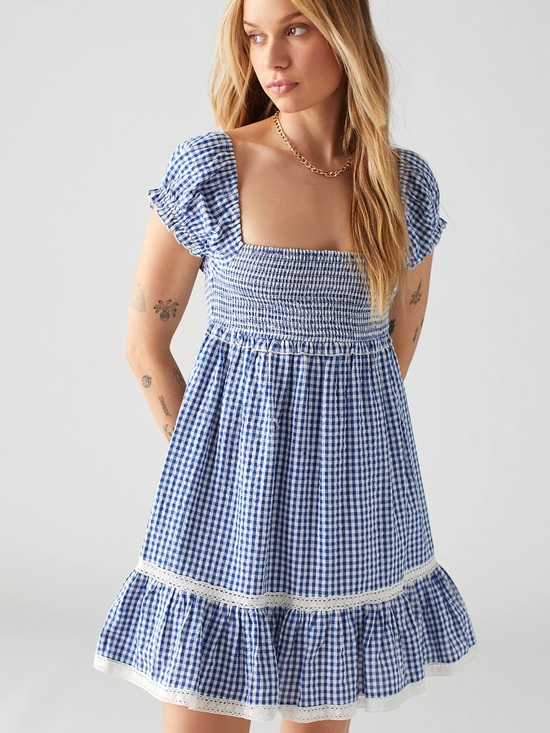 Urban Outfitters Dresses & Skirts - Urban Outfitters Gingham Mini Dress XS Blue White Puff Sleeve Dress